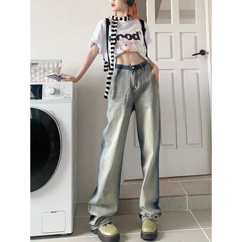 Quần Jean Ống Rộng Lưng Cao Màu Sắc Gradient Phong Cách Đường Phố Mỹ Thời Trang Mùa Hè Cho Nữ