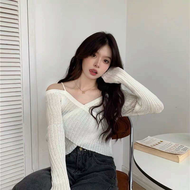 Áo len trễ vai 2 dây chéo vạt chất liệu nhung tăm co giãn tốt kiểu dáng Hàn Quốc 23Closet-ALTT05