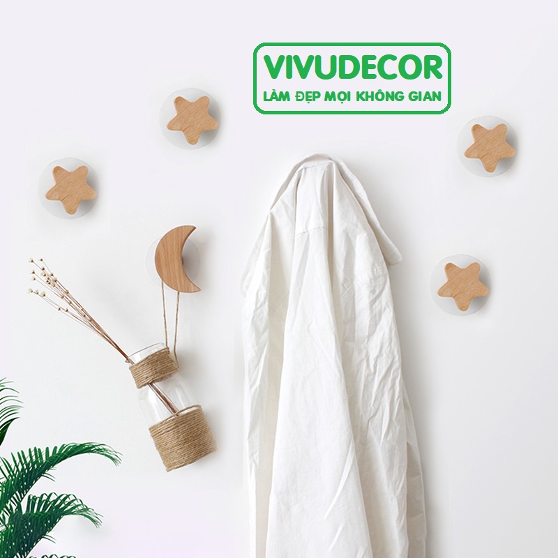 Móc treo tường Vivudecor hình sao tặng kèm miếng dán, Móc treo quần áo vừa trang trí vừa treo đồ rất tiện ích.