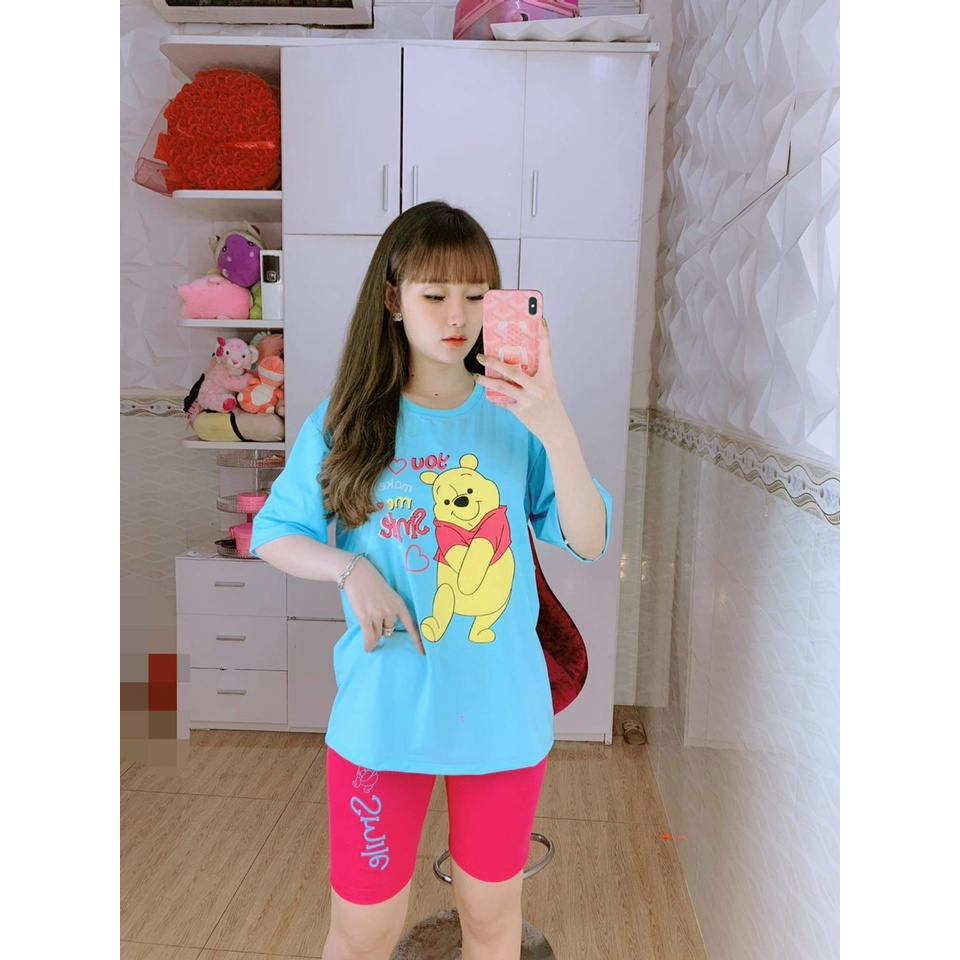 Set Bộ Đồ Nữ Mặc Nhà Quần Ngố Thun Ôm bố sát + Áo Phông SMILE Ullzang (Ảnh thật/Có Sẵn)