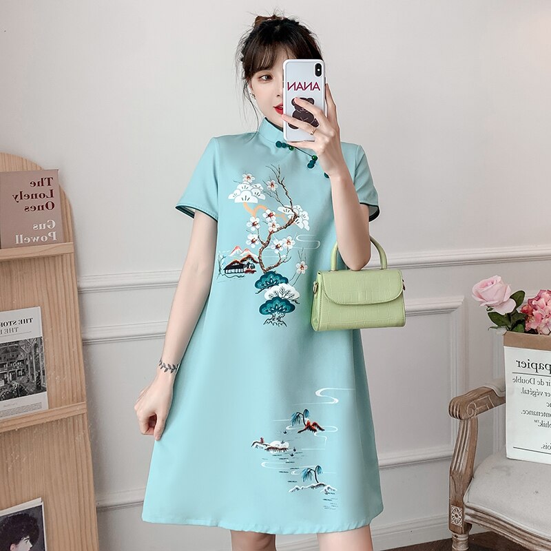 Đầm Sườn Xám Qipao Dáng Rộng Ngắn Tay Màu Xanh Dương Phong Cách Truyền Thống Trung Hoa Hiện Đại Thời Trang Cho Nữ Plus Size