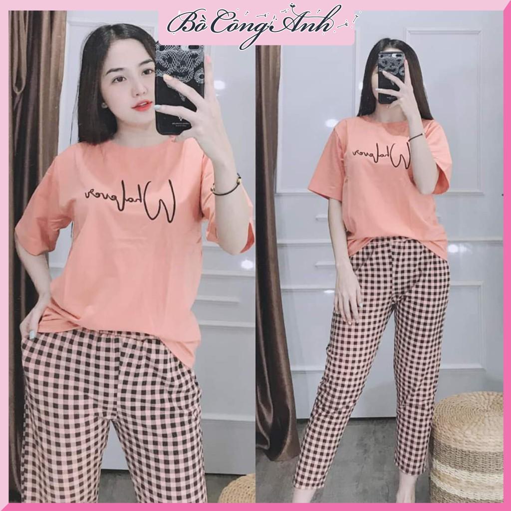 Đồ bộ nữ cotton quần caro áo thiêu chữ thoáng mát