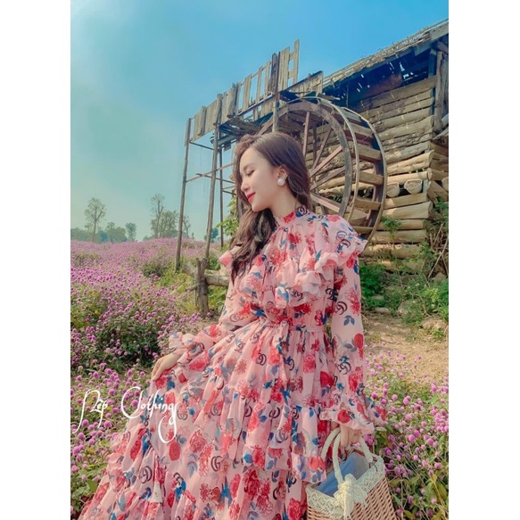 Váy maxi  hoa tay dài