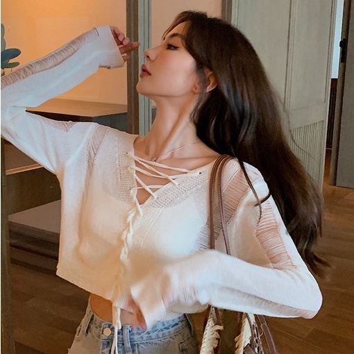 Áo cardigan dệt kim ZHELIHANGFEI tay dài eo cao cột dây trẻ trung thời trang