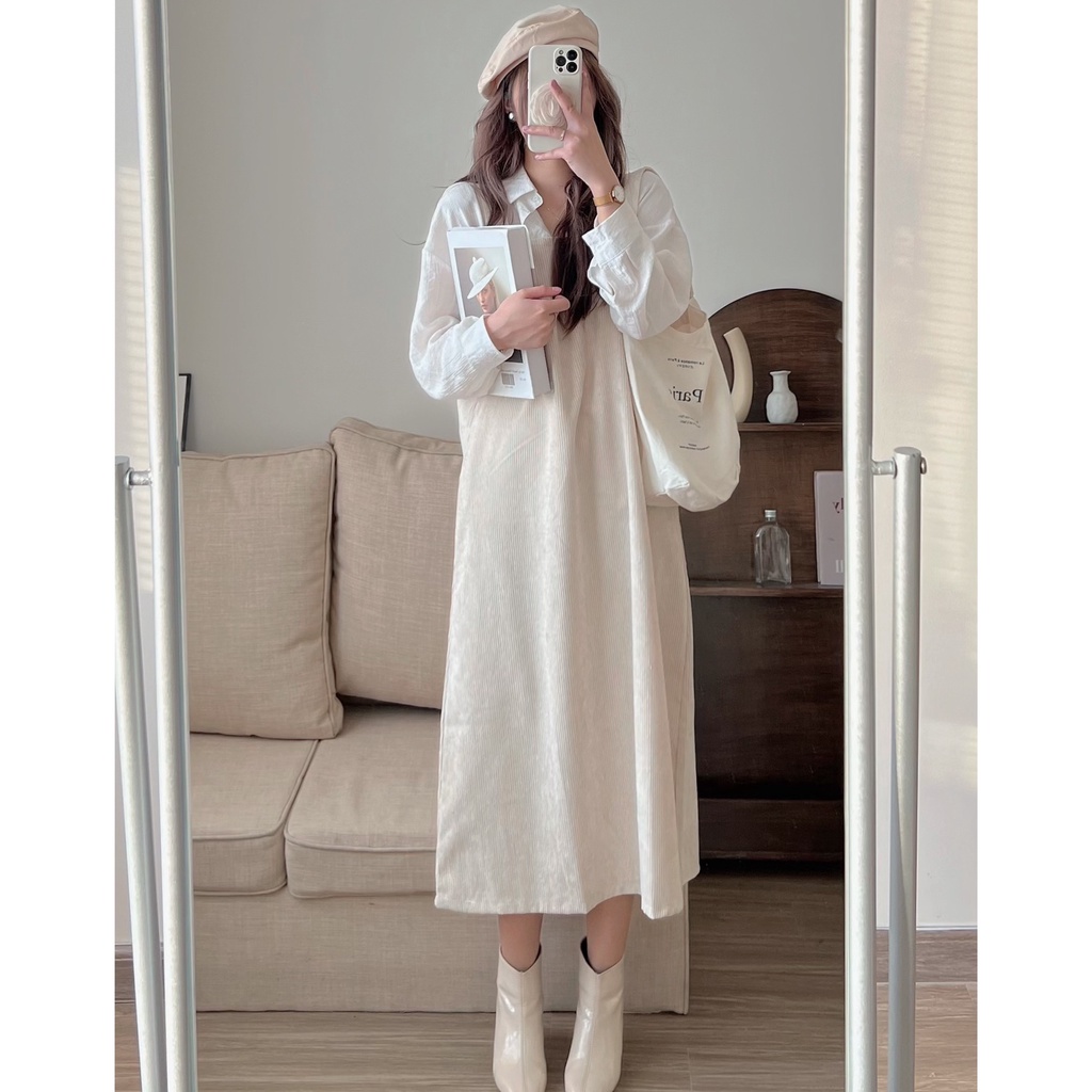 Váy yếm nhung tăm nữ dáng dài form rộng hot trend phong cách Hàn Quốc Kozoda Y2