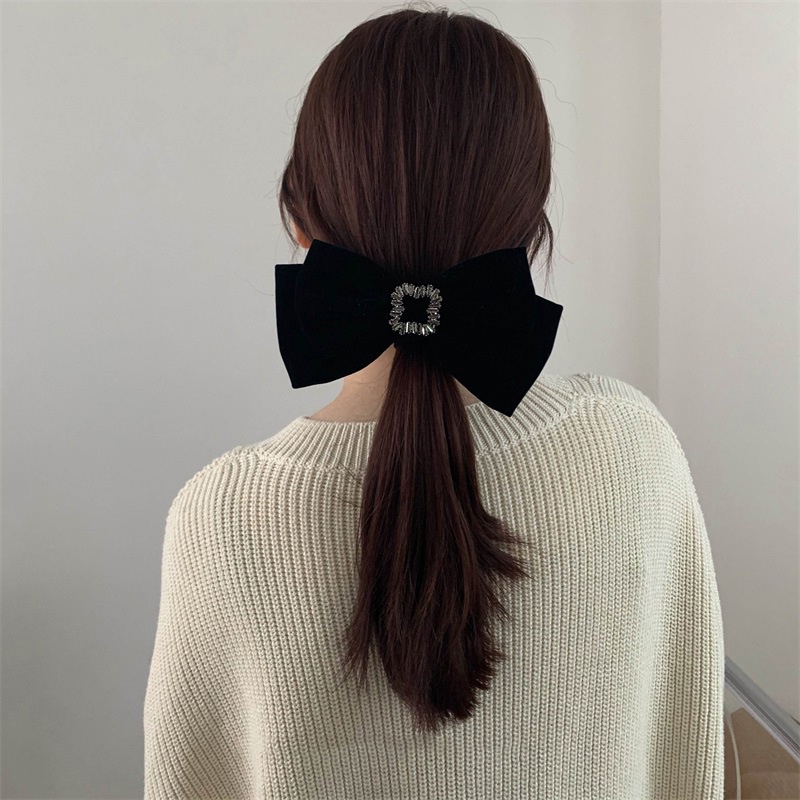 Kẹp tóc nơ vải nhung màu đen đính đá zircon phong cách vintage