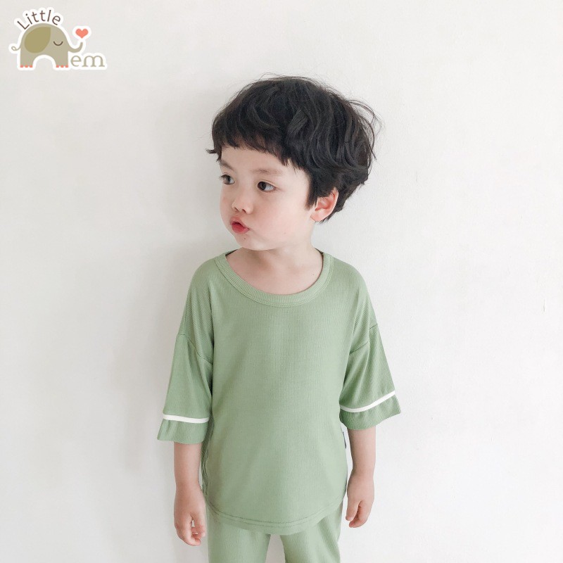 Bộ đồ bé trai Cotton xuất Nhật lửng _ Trơn viền tay