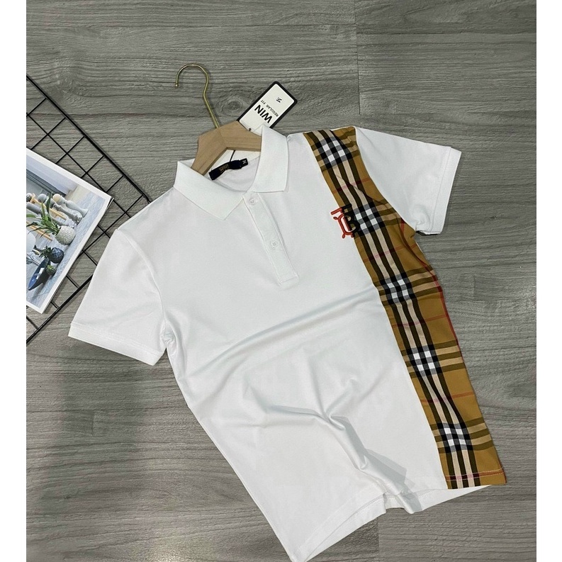Áo thun nam ngắn tay cổ bẻ thêu chữ mix vải caro độc lạ thun cotton co giãn Hàn Quốc