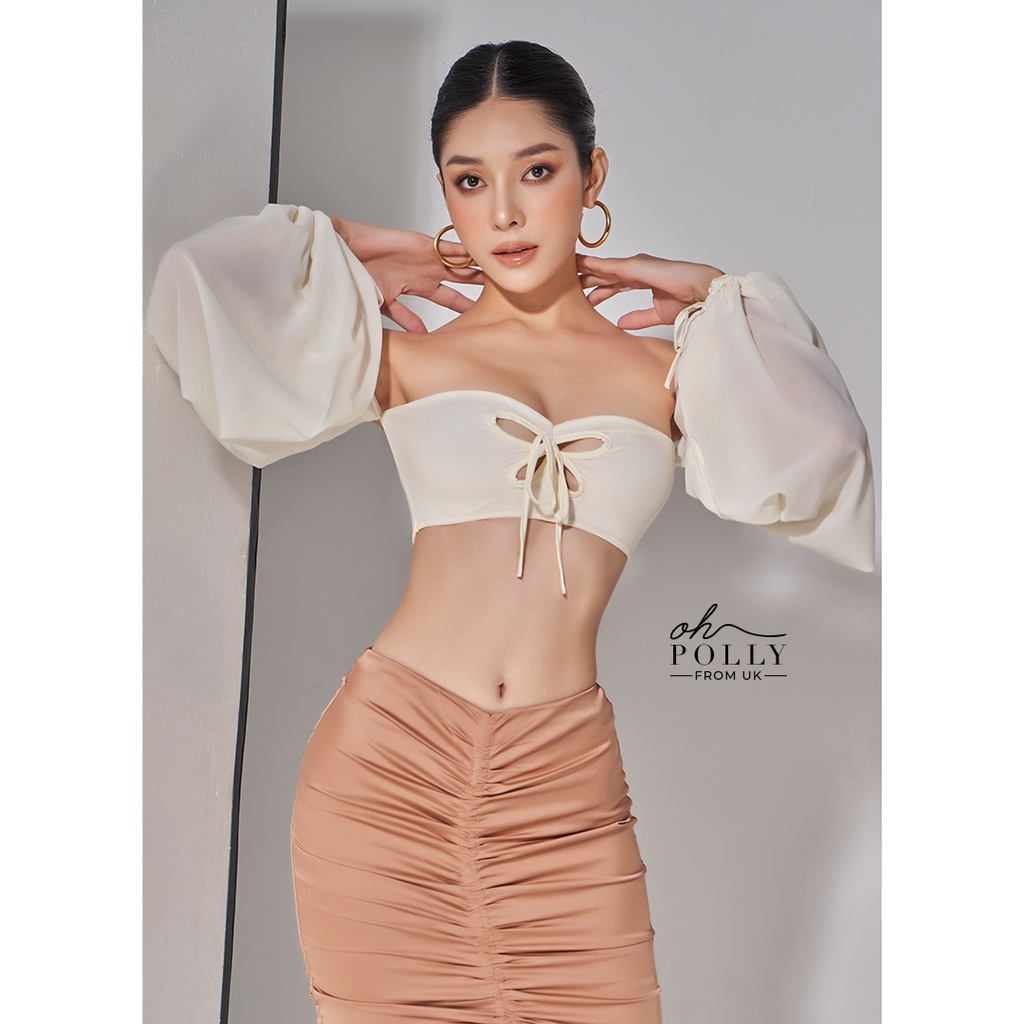 Oh Polly - Áo croptop trễ vai tay phồng cut-out khoét ngực, áo nữ dài tay hở lưng sexy