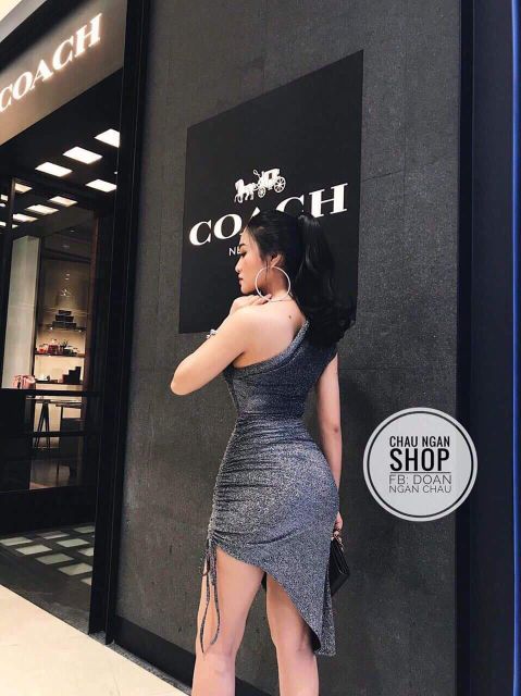 Đầm body kim sa lệch vai tà xéo rút dây