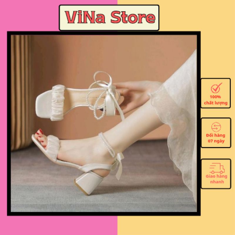 Giày SANDAL CAO GÓT NỮ MÀU TRẮNG ĐẾ VUÔNG 5-7 PHÂN QUAI THẮT NƠ NGỌC HOT 2022 VINA STORE mã CD05