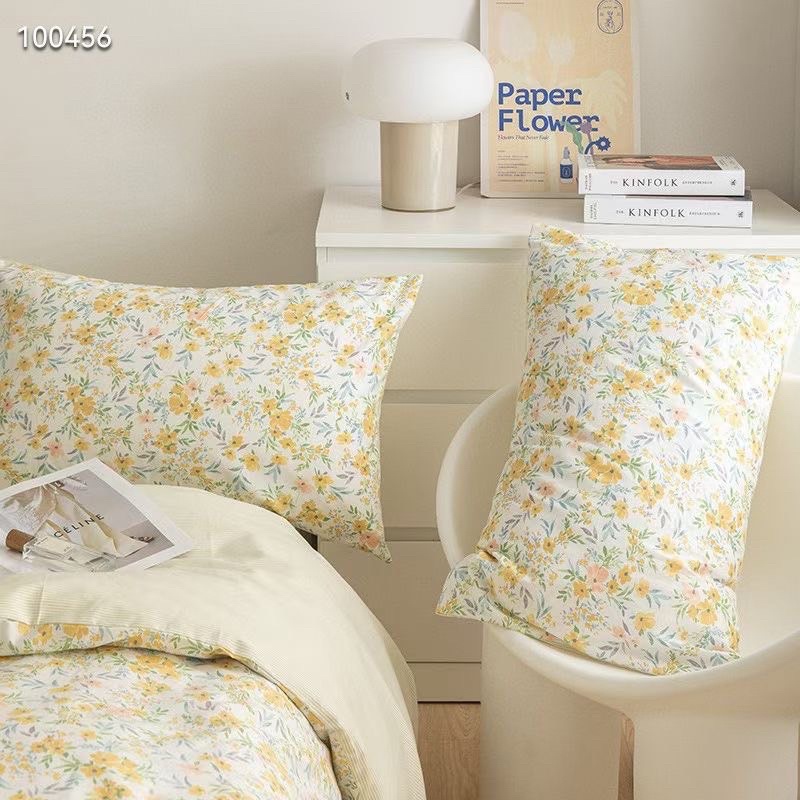 Bộ Chăn Ga Gối Cotton Living 100%cotton Hàng Nhập Khẩu 4 Món Hoa Nhí Vàng vintage