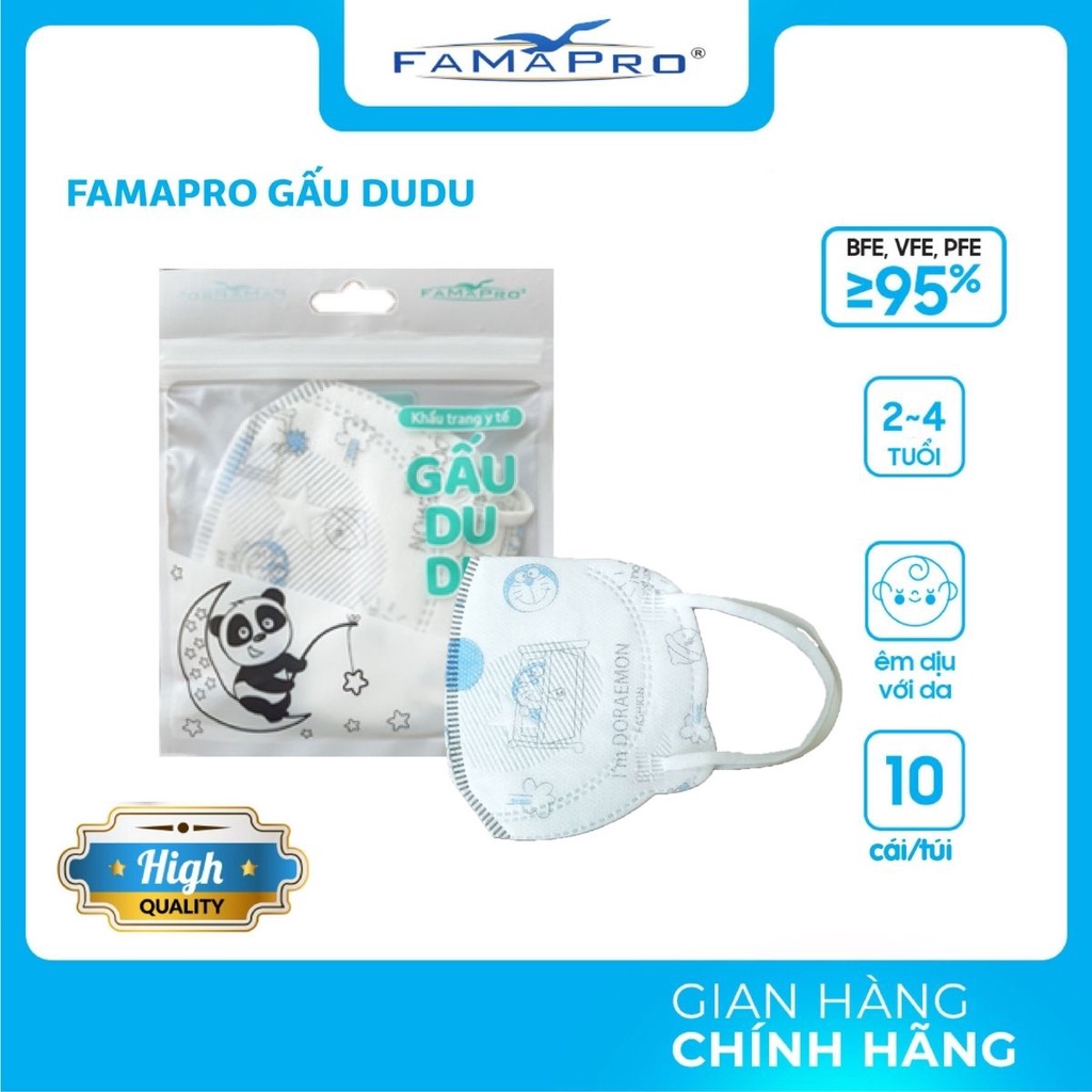 [-COMBO 5- TÚI 10 CÁI] Khẩu trang kháng khuẩn 3 lớp Famapro Kids Gấu DuDu cho bé 10-16kg