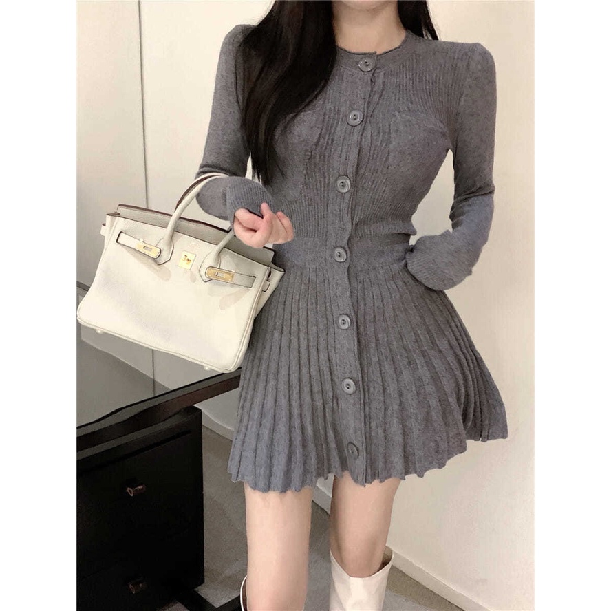 Đầm Dệt Kim Tay Dài Cổ Tròn Màu Đen Phong Cách Pháp Thời Trang Cho Nữ