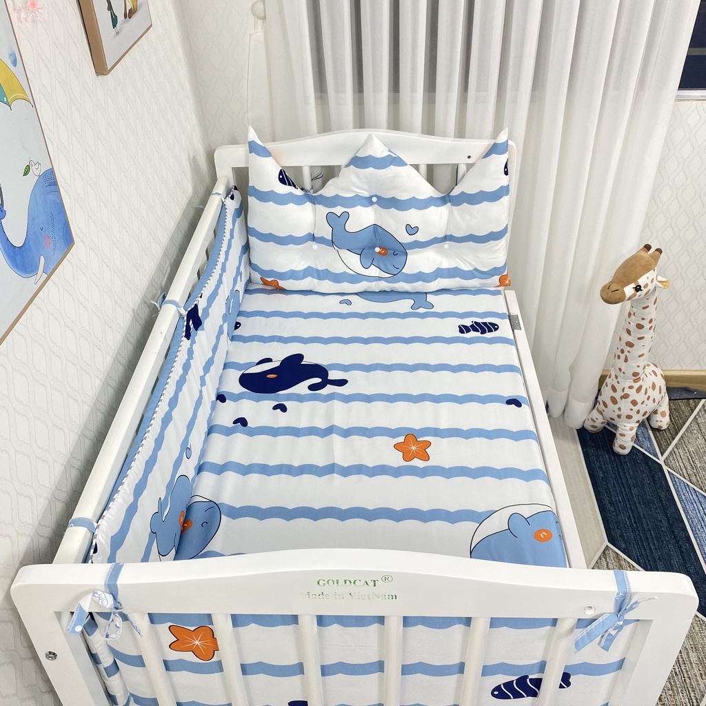 Bộ Quây Cũi Cho Bé Kèm Ga GOLDCAT QDVM Thiết Kế 1 Đầu Vương Miện, Chất Vải Thô Lụa Dùng Cho Mọi Loại Cũi