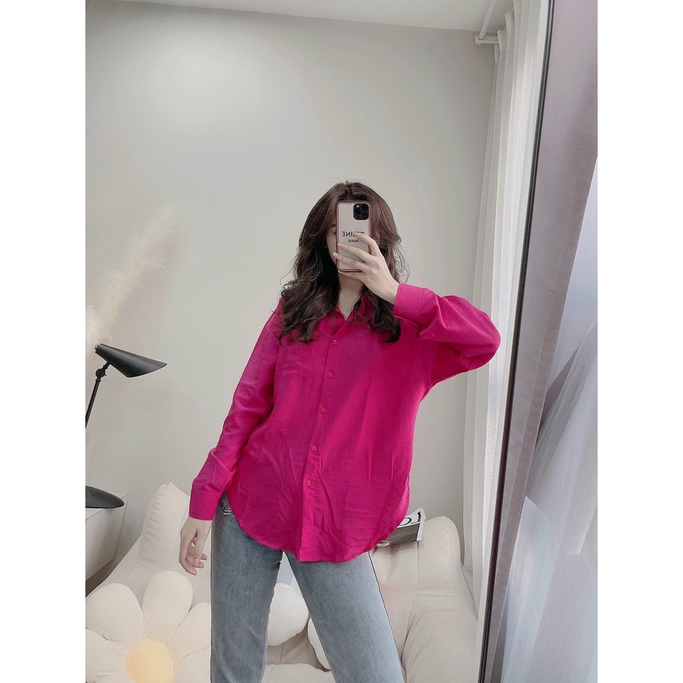 Áo Sơ Mi Nữ Form Rộng TRƠN Basic Unisex Dài Tay Hồng Kiểu Áo Sơ Mi Nữ Bigsize Suông Phong Cách Retro Hàn Quốc | BigBuy360 - bigbuy360.vn