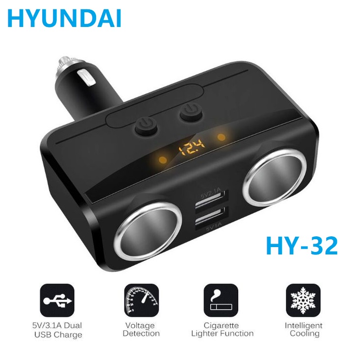 Bộ chia tẩu sạc Hyundai-HY-32, tích hợp 2 tẩu và 2 cổng USB, 80W, 3.1A, Hyundai Car Charger