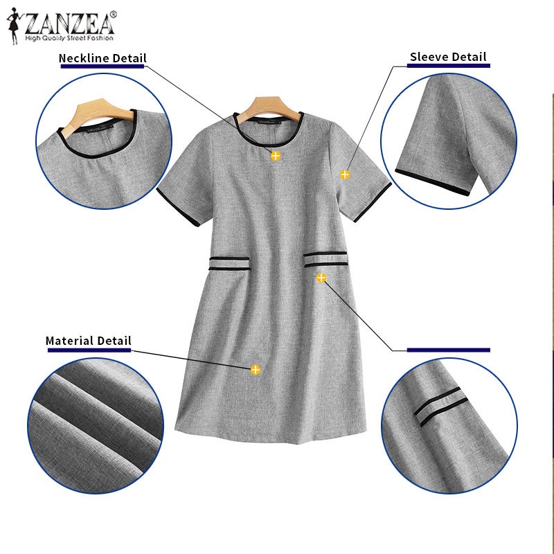 Đầm midi ZANZEA tay ngắn cổ tròn màu trơn thời trang cho nữ