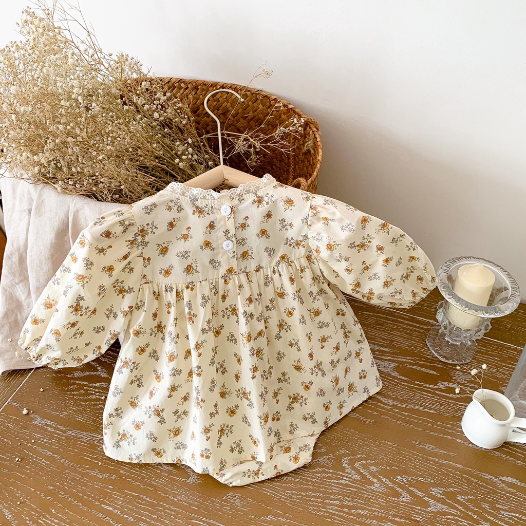 Bộ Áo Liền Quần Tay Dài Bằng Vải Cotton In Hoa Màu Be Thời Trang Mùa Thu Cho Bé Gái 0-2 Tuổi
