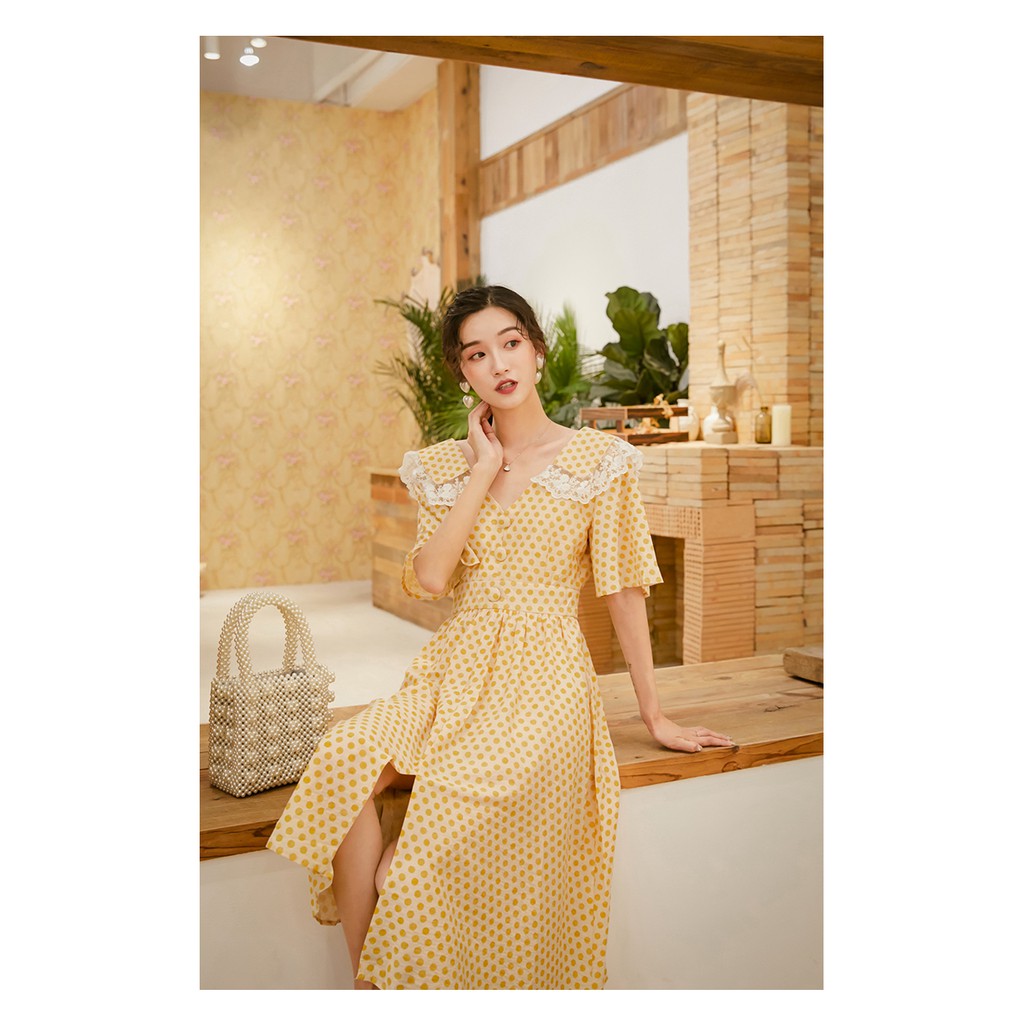 Đầm Chấm Bi Vàng - MUOJ - phong cách Vintage - Hàng Cao Cấp (ảnh thật hình 2-3) | BigBuy360 - bigbuy360.vn