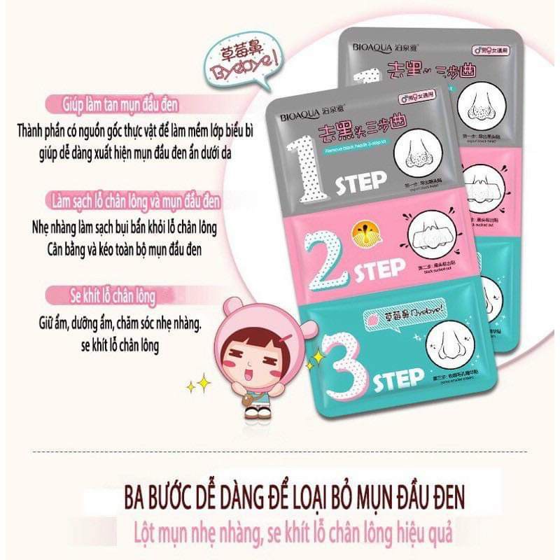 set mặt nạ lột mụn đầu đen 3 bước bioaqua - lột mụn đầu đen ở mũi