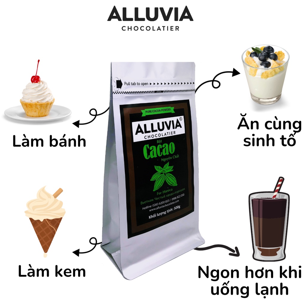 Bột cacao nguyên chất không đường 100% Alluvia Chocolate gói lớn phù hợp cho quán cà phê