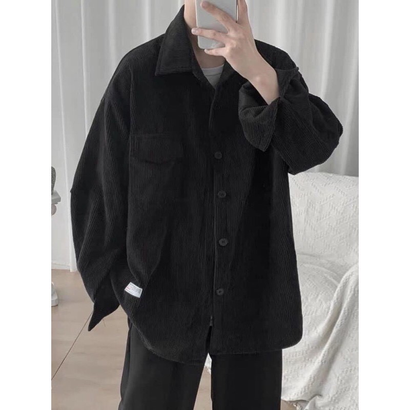 Áo Sơ Mi Nhung Gân Tăm Phong Cách Retro Hàn Quốc Form Rộng Unisex Nam Nữ Ulzzang