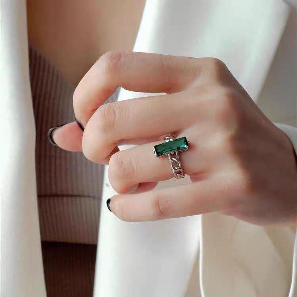 Nhẫn Đeo Khớp Ngón Tay Dạng Hở Hình Vuông Màu Xanh Lá Phối Dây Xích Thanh Lịch Cho Nữ