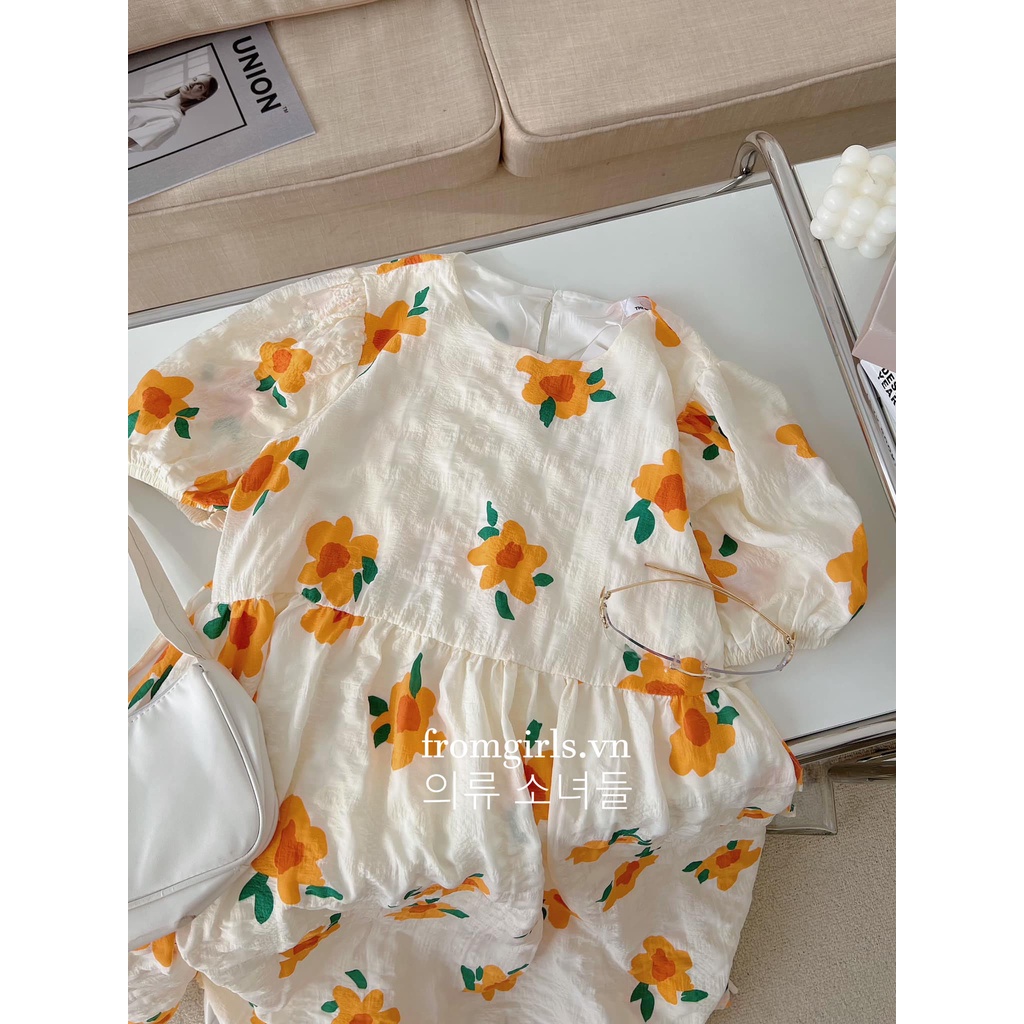 Đầm babydoll hoa vàng, váy maxi hoa dáng rộng tay phồng 2 lớp - V79