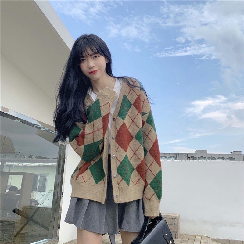 [Sẵn] AL1_Áo cardigan, áo khoác len hoạ tiết kẻ caro ô trám màu xanh lá ulzzang Hàn quốc
