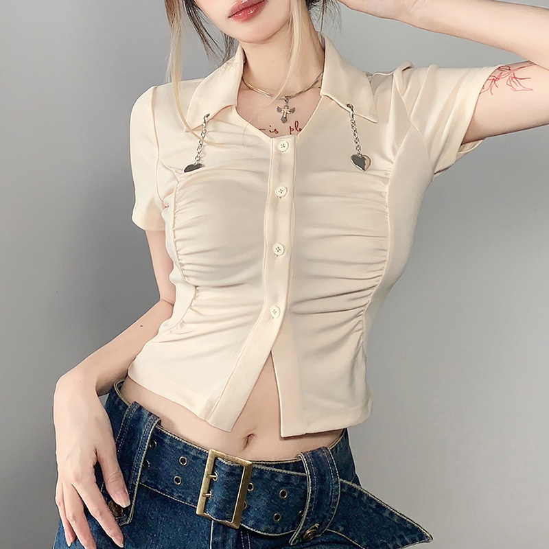 Áo Thun Ngắn Tay Phối Nút Và Dây Xích Thời Trang Cho Nữ