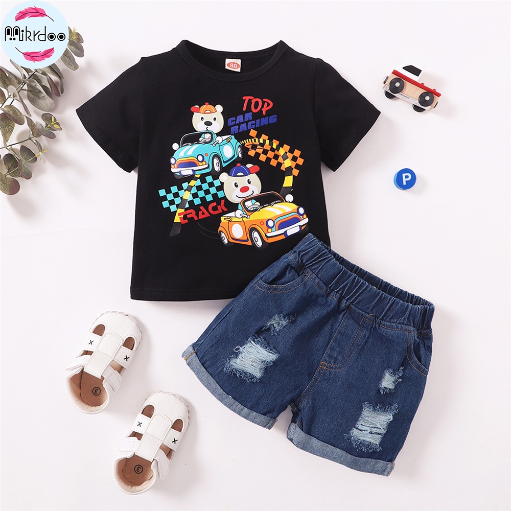 Bộ Trang Phục 2 Mảnh Gồm Áo Thun Tay Cộc In Hình Xe Hơi Hoạt Hình + Quần Denim Mùa Hè Cho Bé Trai