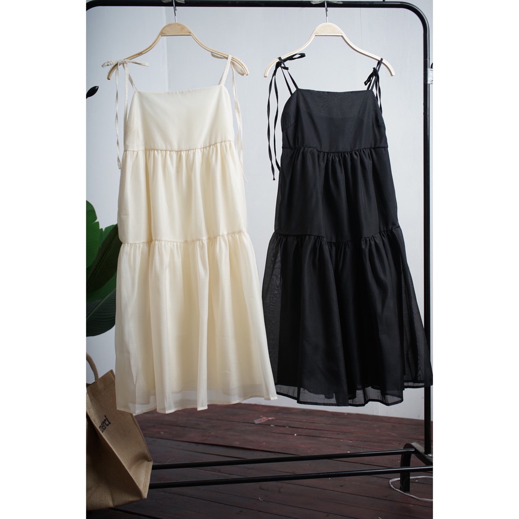 [TẶNG XẢ VẢI] Váy 2 dây voan tơ buộc vai 2 lớp (đen, be) - Đầm maxi đi chơi, đi biển | BigBuy360 - bigbuy360.vn