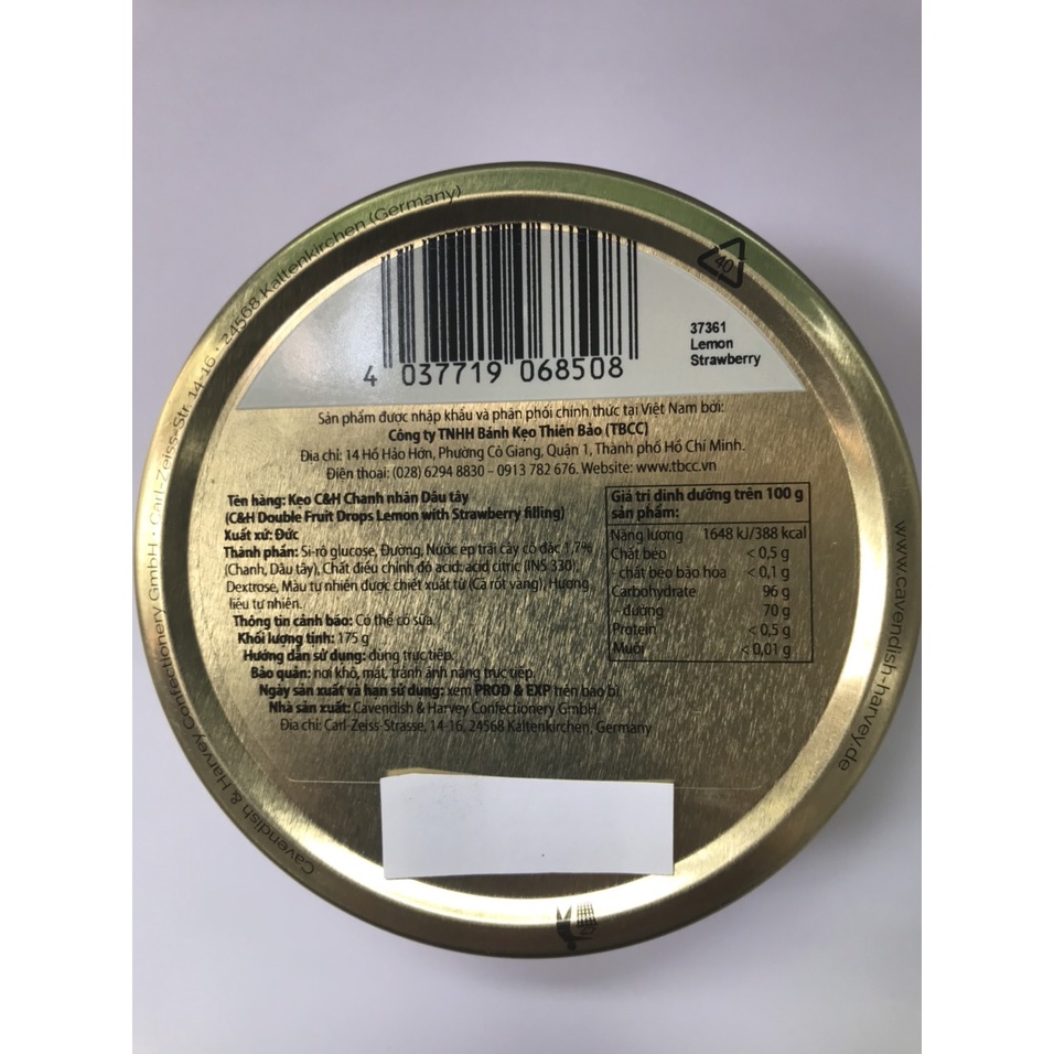 Kẹo Hộp Thiếc Đức Cavendish Harvey Hương Chanh Nhân Dâu Lemon With Strawberry Filling (Hộp 175g)