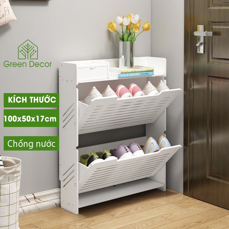 ☢✎Tủ giày thông minh, để giầy 2 tầng cao cấp chất liệu gỗ nhựa pitech chống nước tuyệt đối - Green Decor