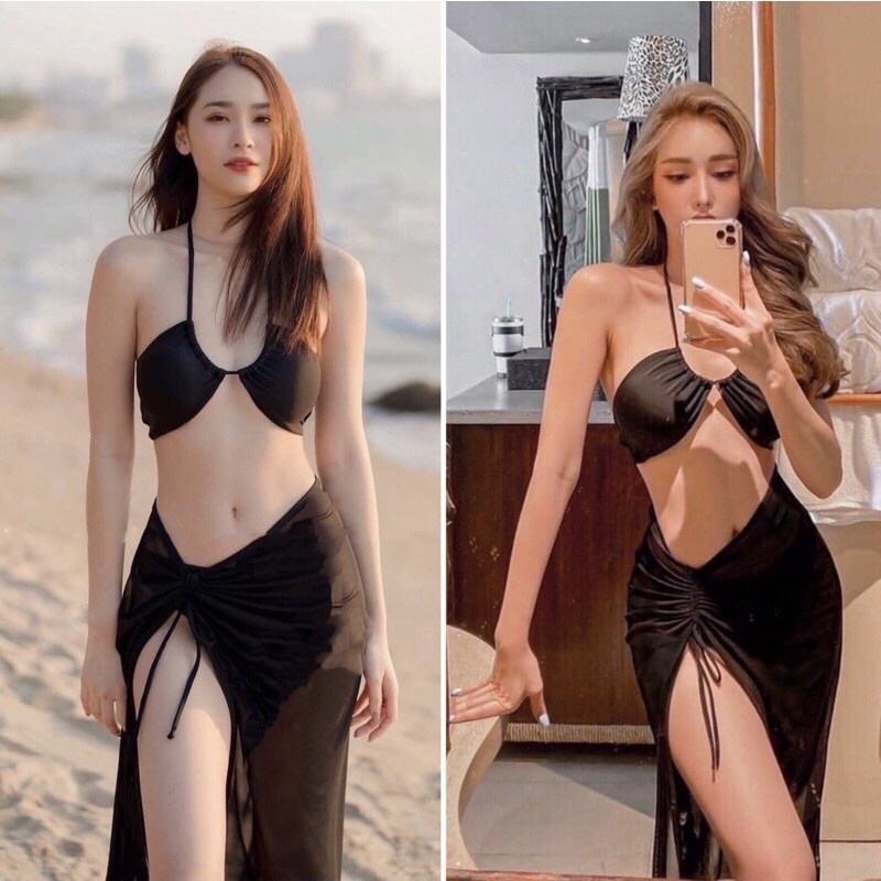 Bikini đồ bơi nữ áo quây cột dây cổ mix chân váy xẻ tà sành điệu nhiều màu