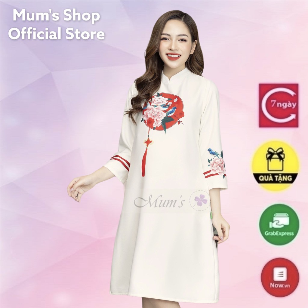 ĐẦM BẦUFREESHIPVÁY GẤM TRẮNG HOA MẪU ĐƠN CỔ TẦU  mẫu thiết kế-VV256