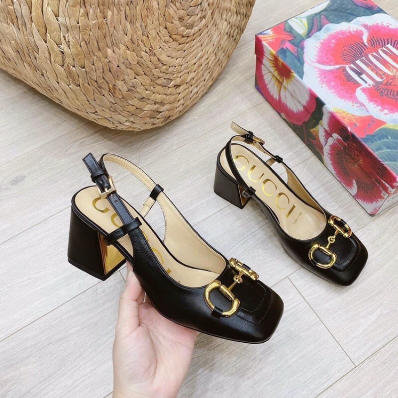 [Free ship toàn quốc] Giày sandal bít mũi tag xích mũi vuông gót vuông bọc vàng 7p hot hit