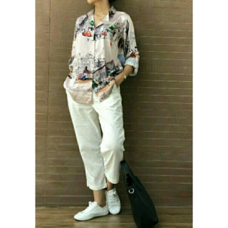 Aó sơ mi nữ vải lụa in hoạ tiết oversize dáng rộng Oriana