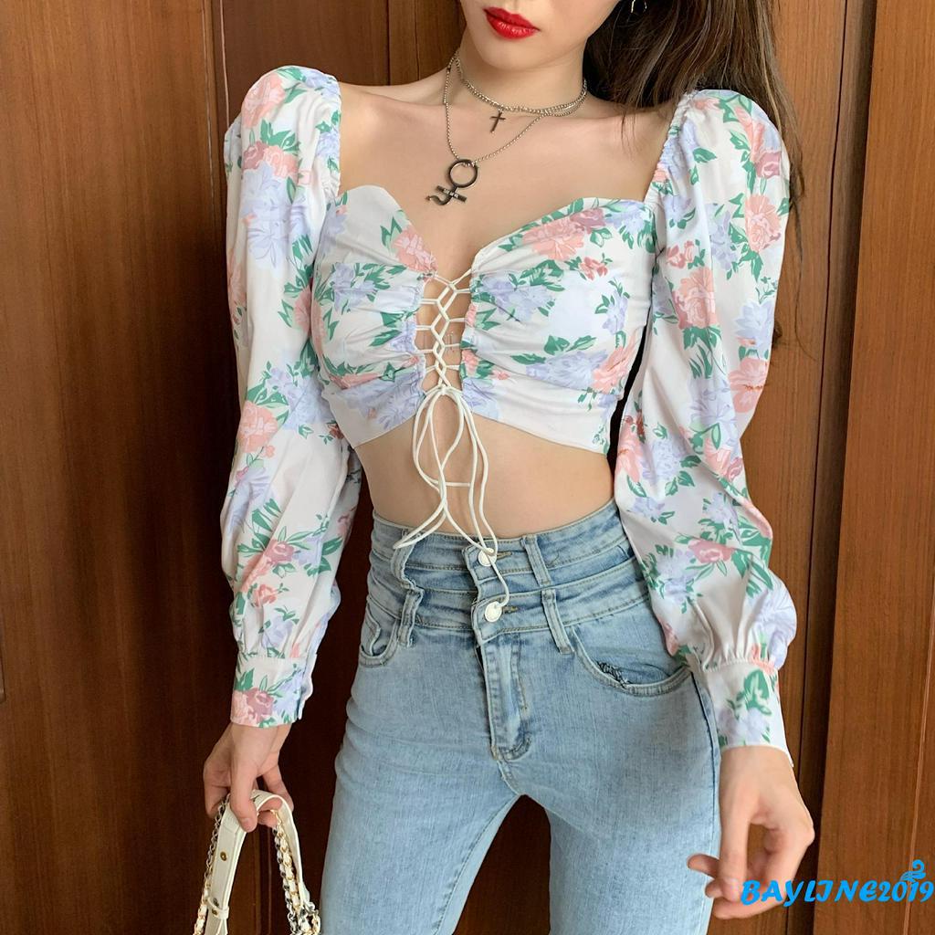 Áo Croptop Tay Phồng In Họa Tiết Hoa Quyến Rũ Dành Cho Nữ
