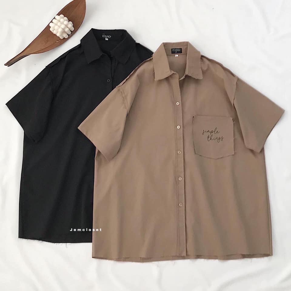 Áo Sơ Mi Nữ Form Rộng Cổ Bẻ Sơ Mi Tay Ngắn 1 Túi Ngực Basic Trơn Năng Động Cá Tính 3 Màu Đen Trắng Nâu DYON 10116