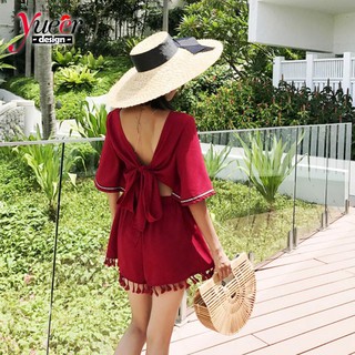 Bộ áo liền quần dây yueer Bộ áo liền quần mùa hè ins Quần short ống rộng siêu nóng dáng rộng mỏng hơn trông cổ chữ V Bộ áo liền quần kỳ nghỉ bên bờ biển chính hãng Bộ áo liền quần Hàn Quốc Cô gái Hàn Quốc Phải @