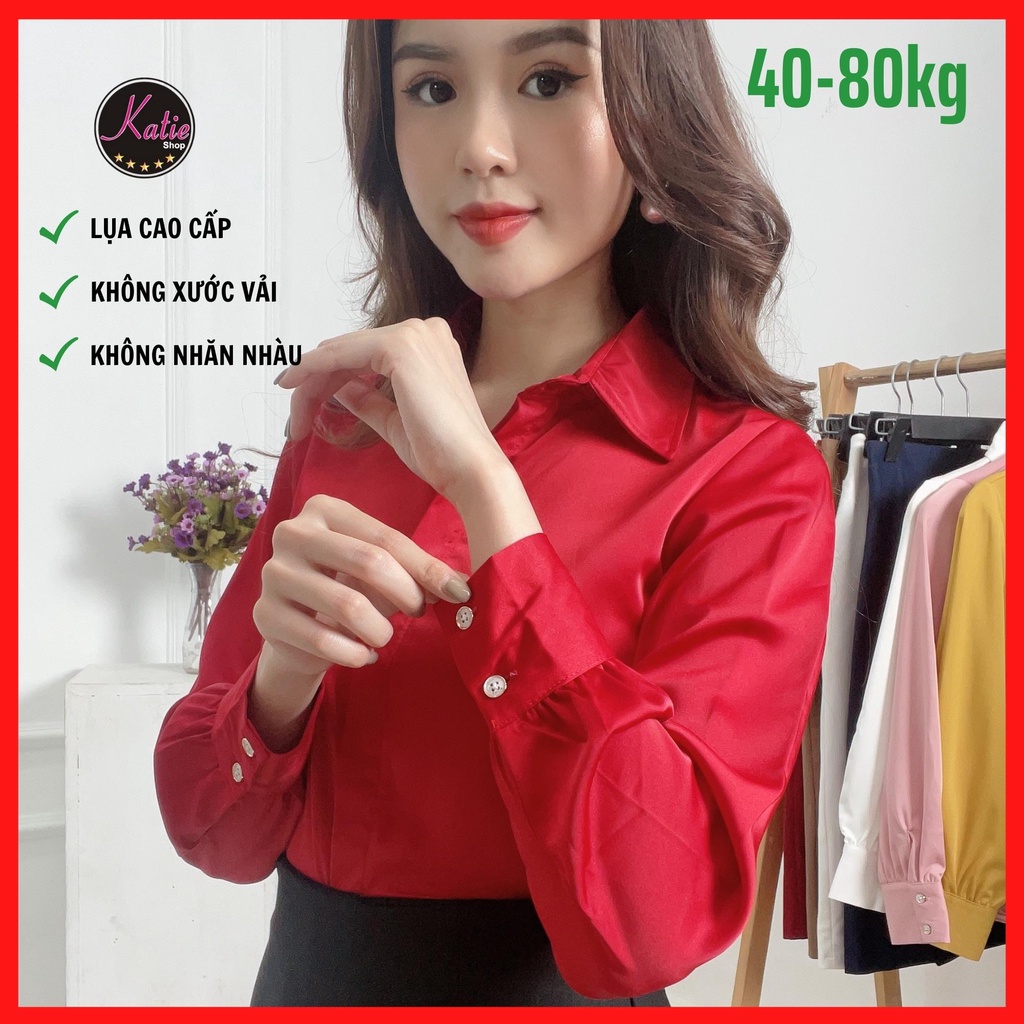 Áo Sơ Mi Nữ Màu Đỏ Katie Sơ Mi Tay Dài Chất Áo Lụa Ngọc Trai Cao Cấp Nhiều Màu Sang Trọng Mềm Mịn Không Nhăn Al