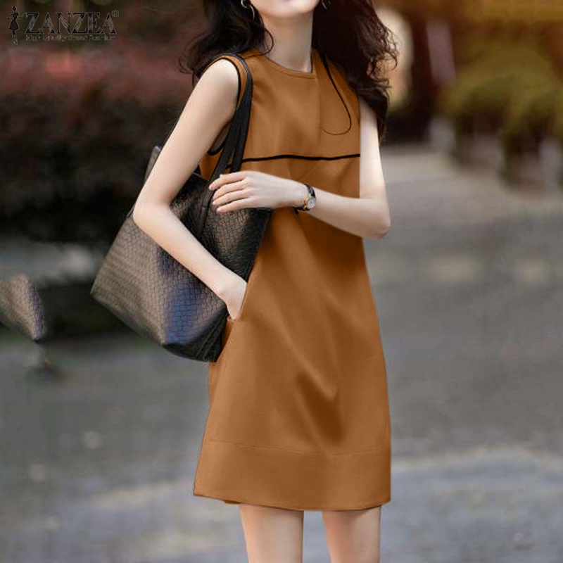 ZANZEA Đầm Dài Đến Gối Không Tay Cổ Tròn Màu Trơn Thời Trang Cho Nữ