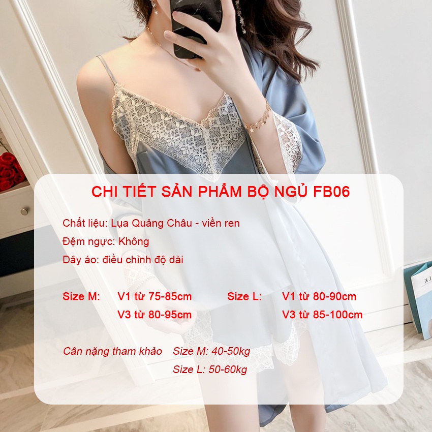 Bộ ngủ lụa Quảng Châu viền ren dây mảnh không đệm ngực Havana FB06