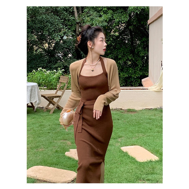 Set Đầm Ôm Dáng + Áo Khoác Cardigan Dệt Kim Mỏng Phong Cách Retro Thời Trang Mùa Thu Cho Nữ