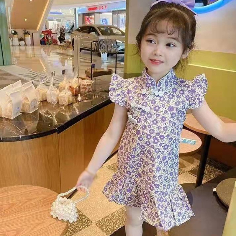 Đầm Sườn Xám Không Tay In Hoa Kiểu Công Chúa Thời Trang Mùa Hè Se7en Dành Cho Bé Gái