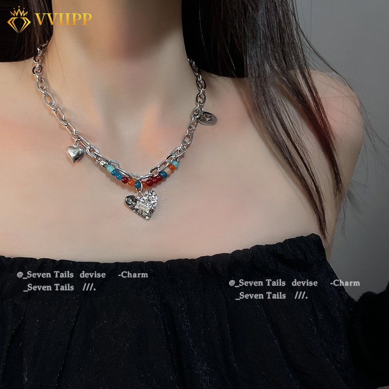 Vòng Cổ Choker Xương Quai Xanh Đính Hạt Hình Trái Tim Nhiều Màu Sắc Y2K Dành Cho Nữ