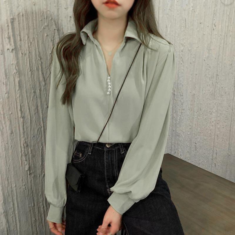 Áo Sơ Mi Nữ Tay Dài Cổ Chữ V Màu Trơn Phong Cách Hàn Quốc