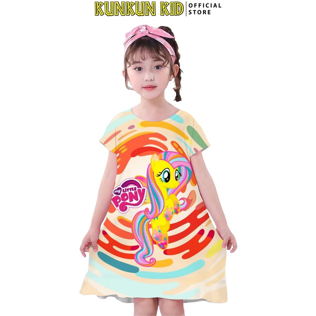 Đầm bé gái chất thun lạnh in 3d hình chú ngựa pony Kunkun Kid D905 size 13-45kg